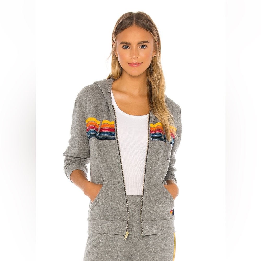 Aviator Nation 5 Stripe Zip Hoodie in Heather Grey